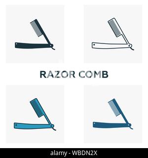 Peigne rasoir icon set. Quatre éléments dans diférents styles de coiffure icons collection. Peigne rasoir créatif rempli d'icônes de couleur, contours, et télévision Illustration de Vecteur