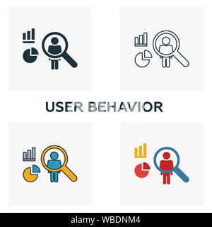 Le comportement de l'utilisateur icon set. Quatre éléments dans diférents styles à partir d'icônes de big data collection. Le comportement de l'utilisateur créatif rempli d'icônes de couleur, contours, et Illustration de Vecteur