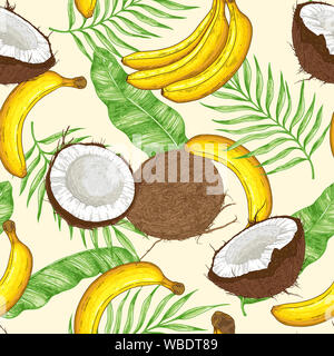 Tropical dessiné à la main avec motif transparent yellow bananes, noix de coco et de feuilles vertes. Banque D'Images