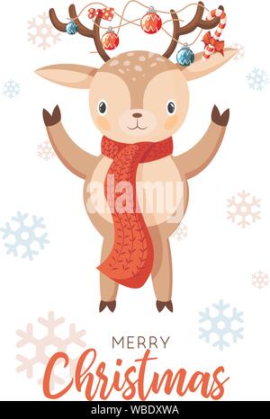 Carte avec noël le renne. Cartoon deer de guirlandes sur les cornes Illustration de Vecteur