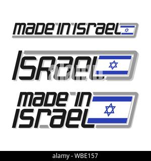 Illustration vectorielle du logo "made in Israël", trois israélites isolées de l'état national et drapeau Israël texte sur fond blanc. Illustration de Vecteur