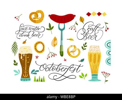 Illustrations vectorielles du festival de la bière avec citations lettering - Octoberfest. Bière artisanale. Économiser de l'eau boire de la bière. Collections ICON avec pain d'épice, verre à bière, feuilles, saucisses et éléments de décoration. Illustration de Vecteur