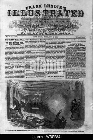 Première page de Frank Leslie's Illustrated Newspaper, le 2 janvier 1864, avec une illustration : la guérilla sur le Mississippi - Explosion d'un obus dans le salon des dames, du vapeur bienvenue, à l'imperméable, mademoiselle Abstract/moyenne : 1 : impression gravure sur bois. Banque D'Images