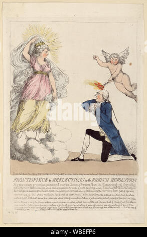 Frontispice de réflexions sur la révolution française Résumé : Print affiche Edmund Burke à genoux comme s'il se propose d'une vision qui apparaît devant lui de Marie Antoinette, tandis qu'un chérubin touche la tête avec un tison émettant les étincelles de l'amour. Banque D'Images