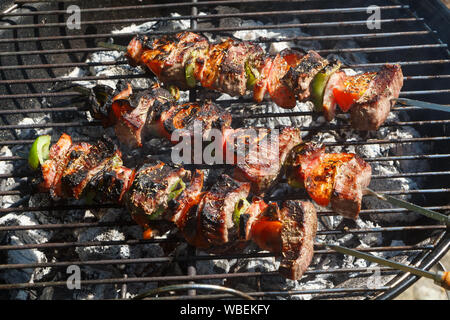 Brochettes de boeuf grillées sur la grille d'un barbecue Banque D'Images