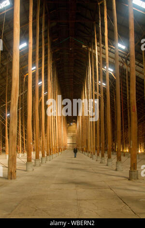 L'intérieur imposant de massive & patrimoine unique répertorié stick hangar avec homme éclipsé par forêt de bois énorme prend en charge, ancien hangar de stockage de céréales l'Australie Banque D'Images