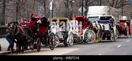 La ville de New York, New York - 15 février 2018 - chevaux et calèches alignées sur la rue pour donner Rides autour de Central Park Banque D'Images