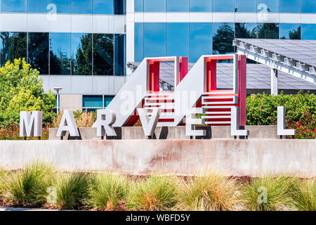 26 août 2019 Santa Clara / CA / uSA - Close up de Marvell Technology Group sig nat leur siège d'exploitation dans la Silicon Valley ; Marvell technolo Banque D'Images
