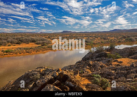 Paysage de l'Outback, sol rocheux couvert de saltbush et côtes au-delà de l'eau peu profonde de creek s'élevant dans le ciel bleu, la région de Flinders en Australie Méridionale Banque D'Images