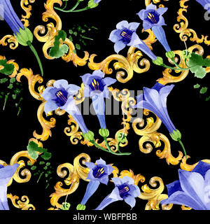 Brugmansia bleu fleurs botanique floral. Contexte aquarelle illustration set. Motif de fond transparent. Banque D'Images