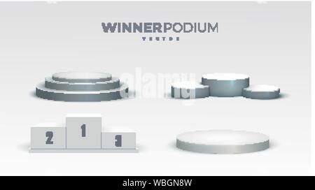 Les podiums de blanc. 3d ronds et carrés podium vide avec étapes. Socles d'exposition, le plancher de la plate-forme isolée stade vector maquette Illustration de Vecteur