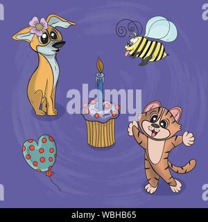 Illustration vecteur animal chat et chien célébrer et féliciter les uns les autres avec des gâteaux et des ballons sur un fond texturé Illustration de Vecteur