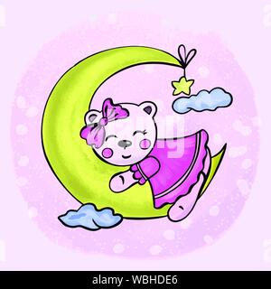 Vector illustration d'un animal ours fille dormir sur un croissant de lune dans le ciel parmi les nuages dans des tons roses Illustration de Vecteur