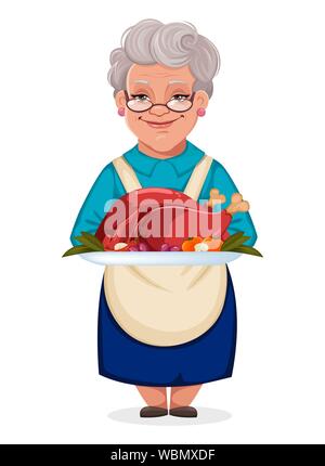 Grand-mère mignon maintenant la plaque avec la dinde. Jour d'action de grâce. Joyeux personnage. Vector illustration. Illustration de Vecteur