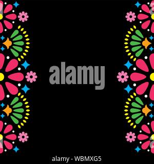 Vecteur populaire mexicain ou invitation à une fête de mariage, cartes de vœux, la conception du châssis colorés de fleurs et de formes abstraites sur noir. Motif de l'art populaire Illustration de Vecteur
