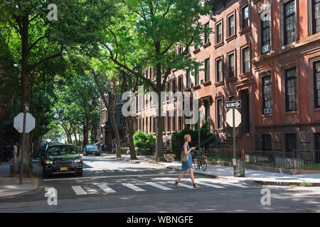 Brooklyn Heights, vue en été d'une rue résidentielle typique de grès brun dans le quartier chic de Brooklyn Heights, Brooklyn, New York City, États-Unis Banque D'Images