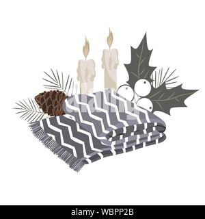 Minimailstic la composition de Noël avec une couverture, et des branches d'arbre de Noël. Temps de Hygge Vector concept. Modèle confortable pour les cartes, scrapbooking Illustration de Vecteur