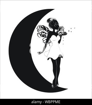 Silhouette de la fée avec des ailes et une poussière magique, conte sur la lune Illustration de Vecteur