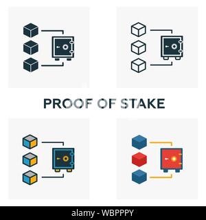 La preuve de Jeu Jeu d'icônes. Quatre éléments dans diférents styles d'blockchain icons collection. La preuve de créativité jeu rempli d'icônes de couleur, contours, et Illustration de Vecteur