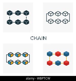 L'icône de la chaîne. Quatre éléments dans diférents styles d'blockchain icons collection. Icônes de la chaîne créative rempli, contours, couleurs et symboles télévision Illustration de Vecteur