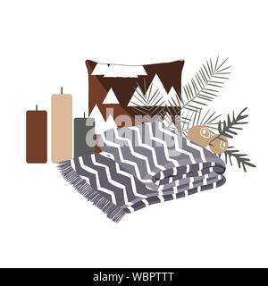 Minimailstic la composition de Noël avec des bougies, un oreiller, une couverture, et des branches d'arbre de Noël. Temps de Hygge Vector concept. Illustration de Vecteur