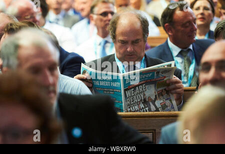 Londres, Royaume-Uni. 27 août 2019, Nigel Farage au Centre Emmanuel, comme le Brexit partie d'introduire leur nouveau PPC's à la presse. Crédit : Thomas Bowles/Alamy Live News Banque D'Images