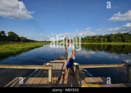 La pêche de piranha à ventre jaune sur le lac Tres Chimbadas, rivière Tambopata, Amazonie péruvienne Banque D'Images