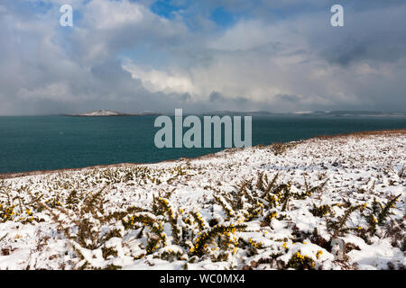 La vue sur la route à partir de la garnison, St Mary's, à Samson, et Bryher, Îles Scilly Tresco, Royaume-Uni, aux termes d'une rare chute de neige Banque D'Images