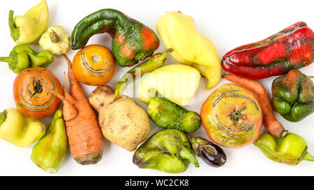 Laid à la mode des légumes bio : pommes de terre, carottes, concombres, poivrons, piment, l'aubergine et les tomates sur fond blanc, laid food concept, horizontal Banque D'Images