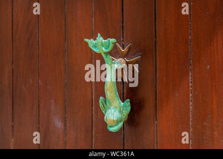 La texture d'une vieille porte en bois en bois avec poignées en métal sous la forme d'un dauphin sur l'île de Malte Banque D'Images