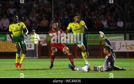 Crawley Town's Ollie Palmer voit son tir sauvé par le gardien de Norwich City Ralf Fahrmann (à droite) lors de la Coupe du buffle Deuxième tour au stade de pension, Crawley. Banque D'Images