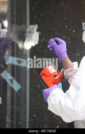 Close-up de l'agent de police de mains porter des gants de poudre pour les empreintes digitales Banque D'Images