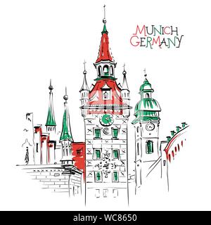 Ancien hôtel de ville de Munich, Allemagne Illustration de Vecteur