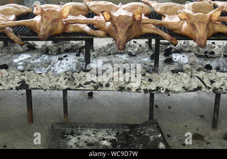Torréfaction porcs sur une cheminée cuisinière Banque D'Images