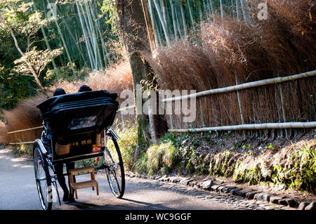 Rckshaw dans la Grande forêt de bambous Arashiyama de Kyoto, Japon. Banque D'Images