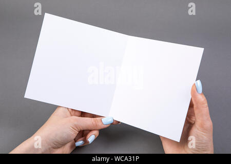 Une femme holding white brochure. Modèle d'identité Banque D'Images