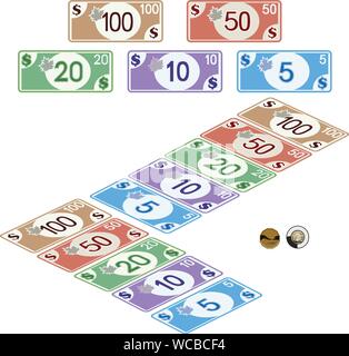 L'argent canadien, les projets de loi 5, 10, 20, 50 et 100 pièces, 1 et 2 dollars. Les rendus graphique en couleur Illustration de Vecteur