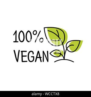 100 étiquette Vegan logo style ligne avec feuille verte, modèle autocollant pour l'emballage du produit, vecteur Illustration de Vecteur