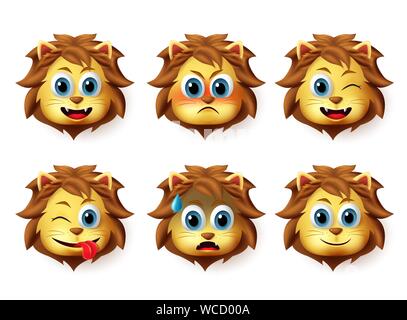 Lion animal émoticône vector set. Animaux Lion head set emoji avec plaisir et drôle de visage expression et émotion isolé en fond blanc. Illustration de Vecteur