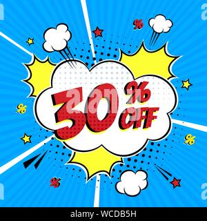 30  % sur le lettrage de la bande dessinée dans le discours de vente bubble style bande dessinée modèle plat. Vintage Retro pop art illustration isolé sur fond de rayons. L'EXCL Illustration de Vecteur