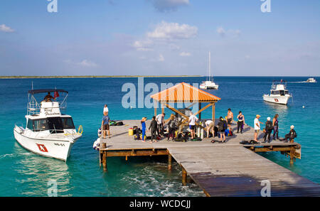 Scuba Diver on Jetty, attendent les bateaux de plongée, Captain Don's Habitat, Resort et hôtel de plongée, Kralendijk, Bonaire, Antilles néerlandaises Banque D'Images