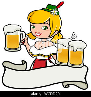 Bannière vierge avec Pretty Woman servir des boissons au pub. Une belle serveuse servant des verres de bière froids à l'Oktoberfest et bannière de ruban vierge. Banque D'Images