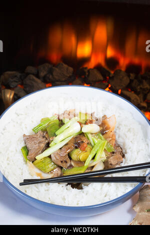 Boeuf sauté à la chinoise et les poireaux servi avec du riz blanc bouilli Banque D'Images