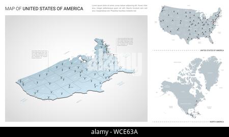 Vector set des Etats-Unis d'Amérique pays. Carte en 3D isométrique, États-Unis d'Amérique la carte, la carte de l'Amérique du Nord - avec la région, l'Etat et de l'ic nom Illustration de Vecteur
