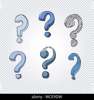 Ensemble d'interrogation doodle dessiné à la main sur un fond transparent. Caricature d'interrogation dans la texture grunge style. Vector illustration. Illustration de Vecteur