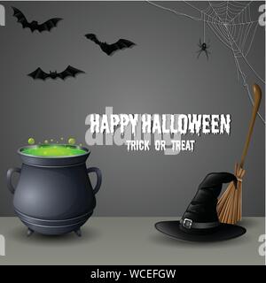 Vector illustration d'icon set Halloween Chapeau de sorcière avec balai et chaudron Illustration de Vecteur