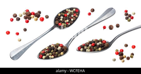 Mélanger le poivre. Poivre différentes dans spoon isolé sur fond blanc Banque D'Images