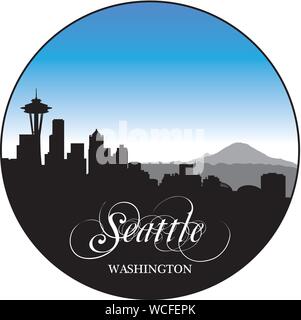 Washington Seattle skyline avec divers sites en bleu et noir Illustration de Vecteur