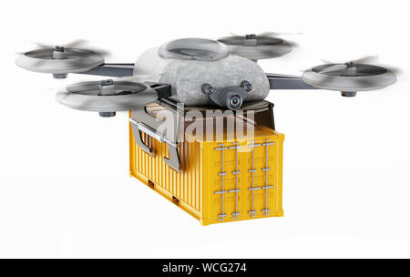 Drone sans pilote transportant des marchandises contenant. 3D illustration. Banque D'Images