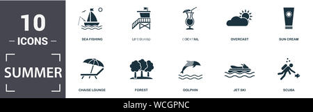 L'icône d'été ensemble. Télévision remplis contiennent des cerf-volant, pêche en mer, Lifeguard, cocktail, ciel couvert, crème solaire, chaise longue, forêt, Dolphin, jet ski, plongée icons Banque D'Images